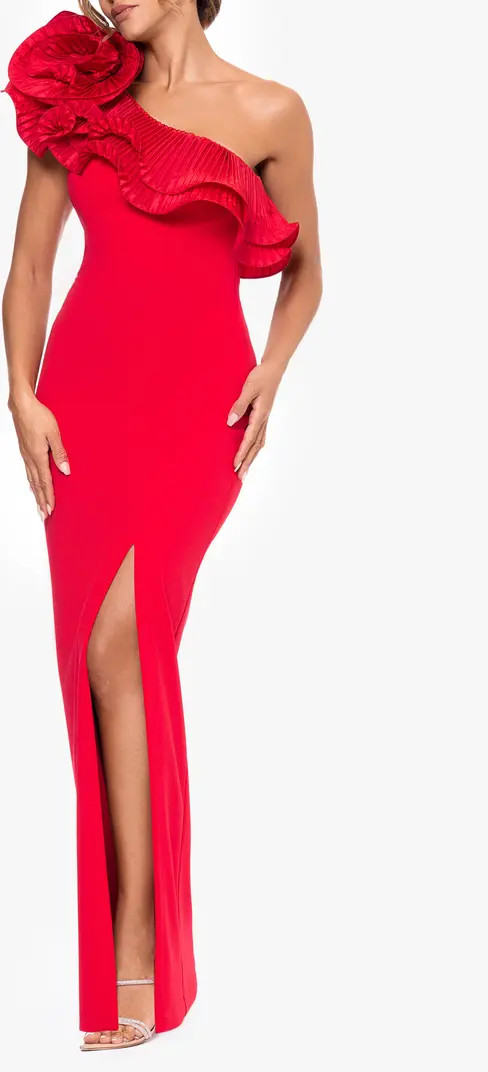 Xscape Evenings Pleated Ruffle One-Shoulder Scuba Crepe Column Gown | Nordstrom | Nordstrom