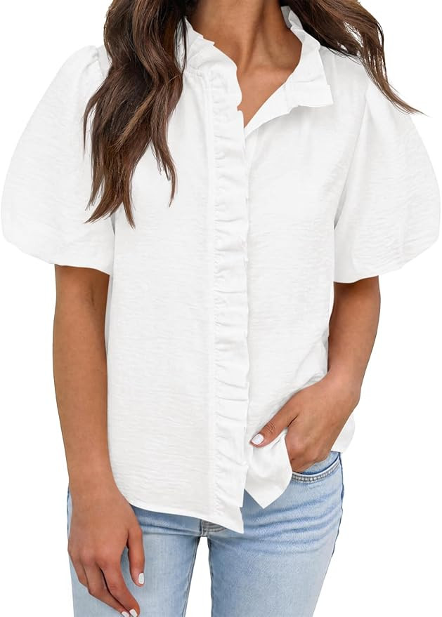 Tankaneo Womens Short Puff Sleeve Button Down Shirts Summer Ruffle Striped Work Tops Stand Collar... | Amazon (US)