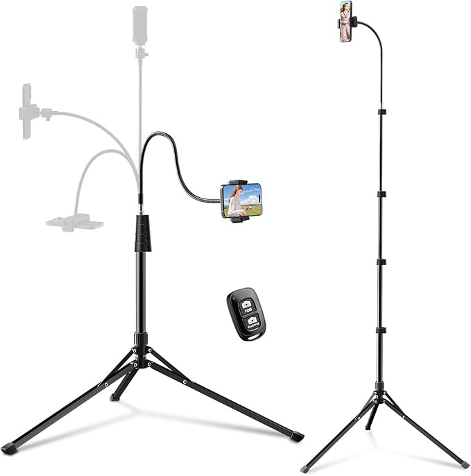 Eicaus 92’’ Tall Cell Phone Tripod Stand with 16.5’’ Flexible Gooseneck and Remote, Overh... | Amazon (US)