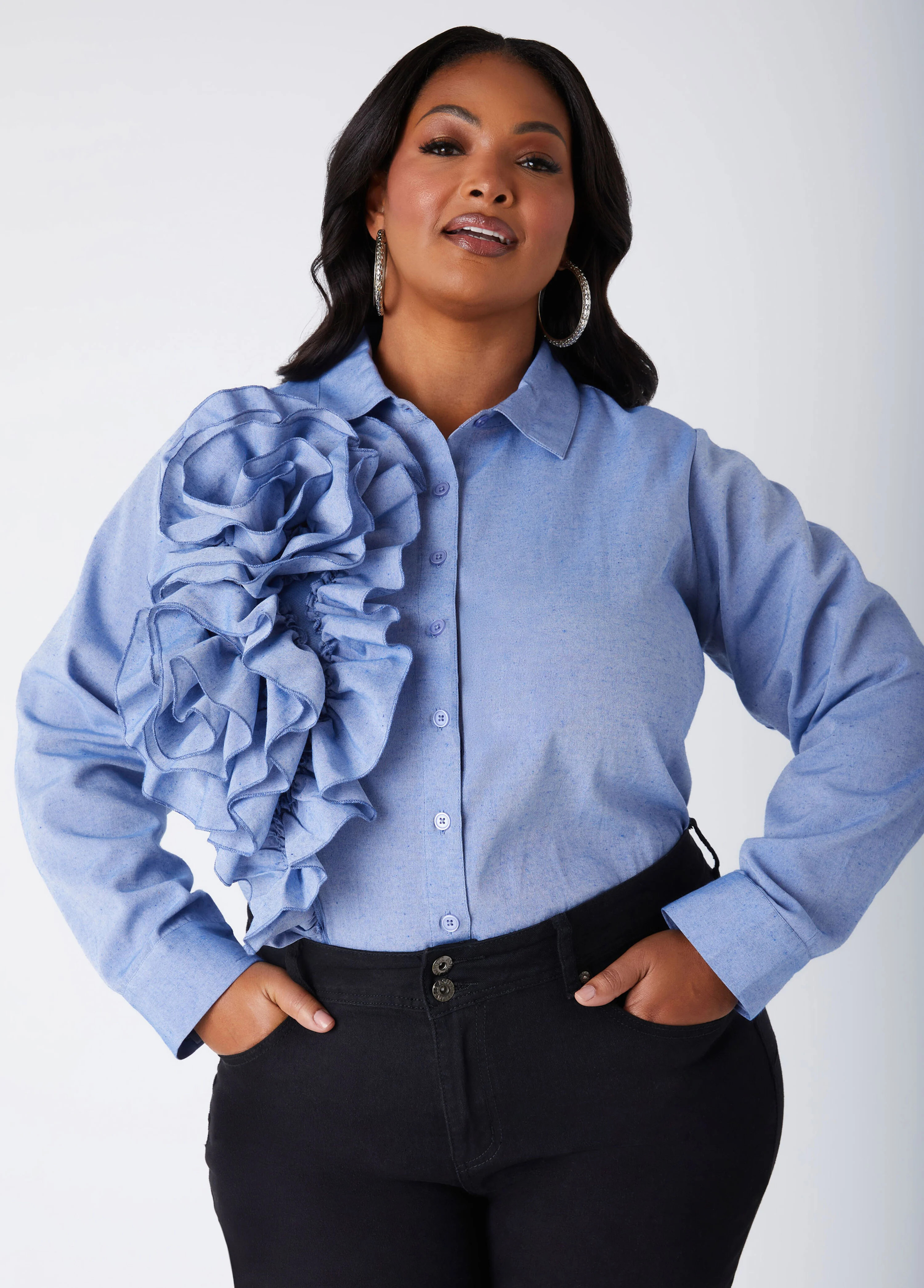 Ruffled Chambray Shirt | Ashley Stewart