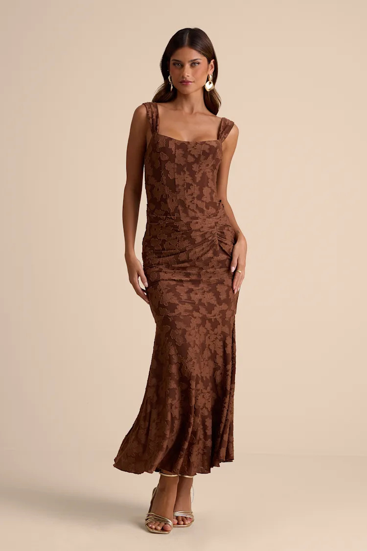 Celeste Brown Floral Burnout Bustier Maxi Dress | Lulus
