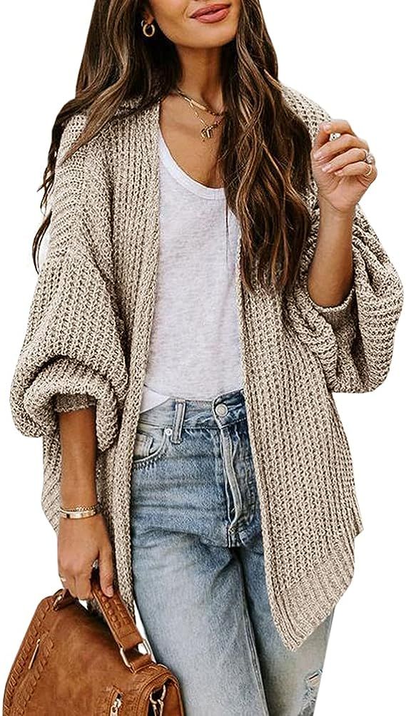 Womens Open Front Chunky Knit Sweaters Oversized Lantern Sleeve Casual Cardigans Loose Cozy Outwe... | Amazon (US)