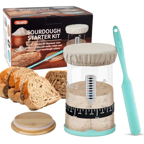 Quald Sourdough Starter Kit，35 Oz Sourdough Starter Jar With Date Marked Feeding Band, Thermometer, Cloth Cover, Bamboo Lid and Silicone Lid, Sourdough Bread Baking Supplies (BLUE) | Amazon (US)