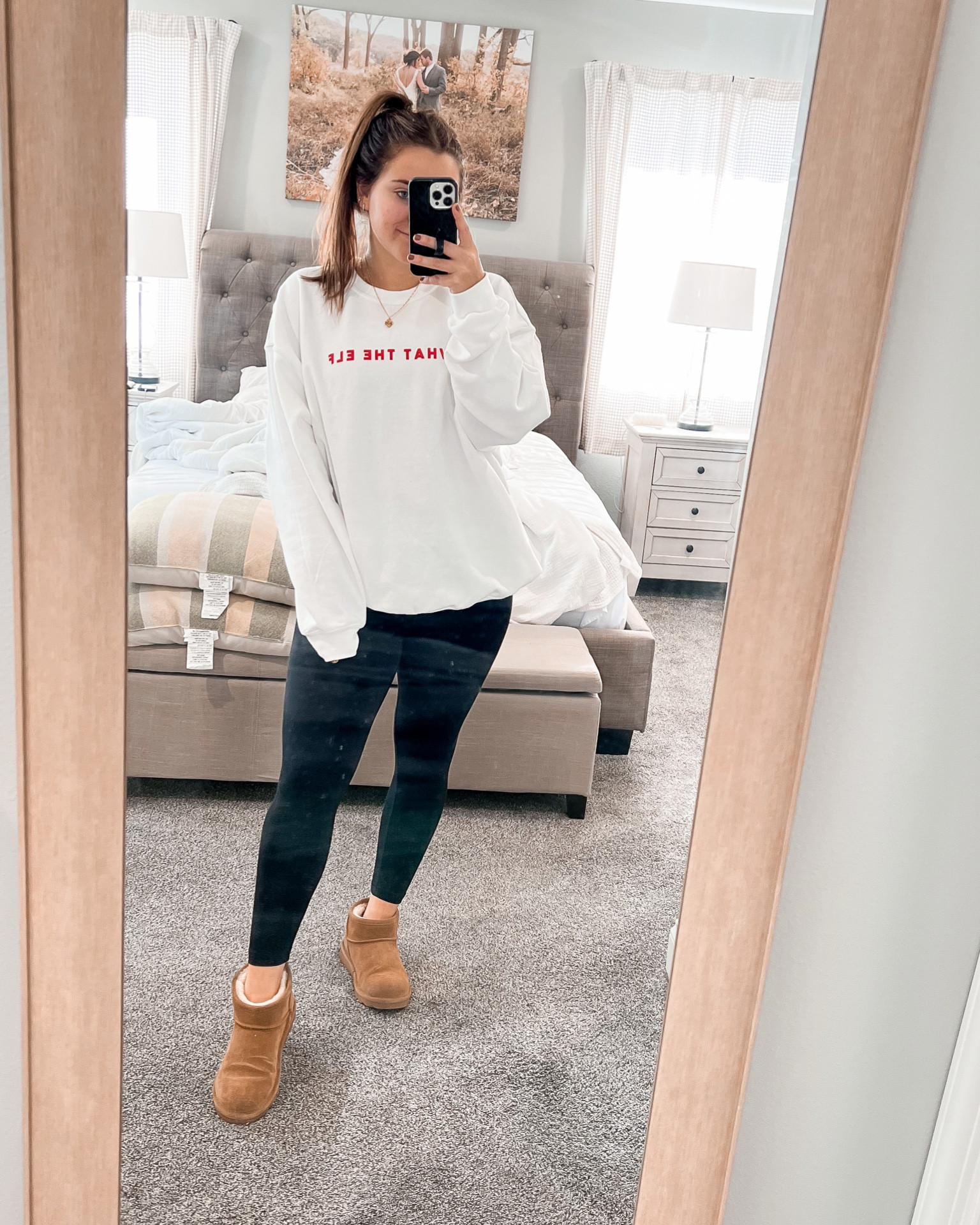 Clearly I need to clean my mirror better, but my go to outfit this season is leggings, mini uggs, and a Christmas crew 😍

#LTKHoliday #LTKstyletip #LTKshoecrush