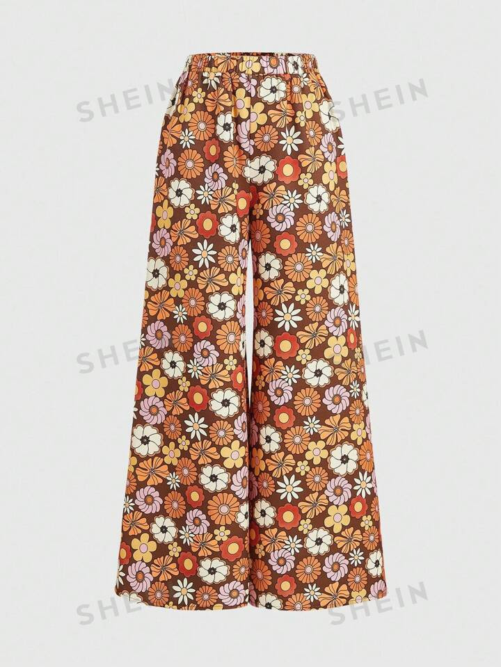 Goldendazeillustration Hippie Women's Full Printed Flower Pattern Wide Leg Pants | SHEIN USA | SHEIN