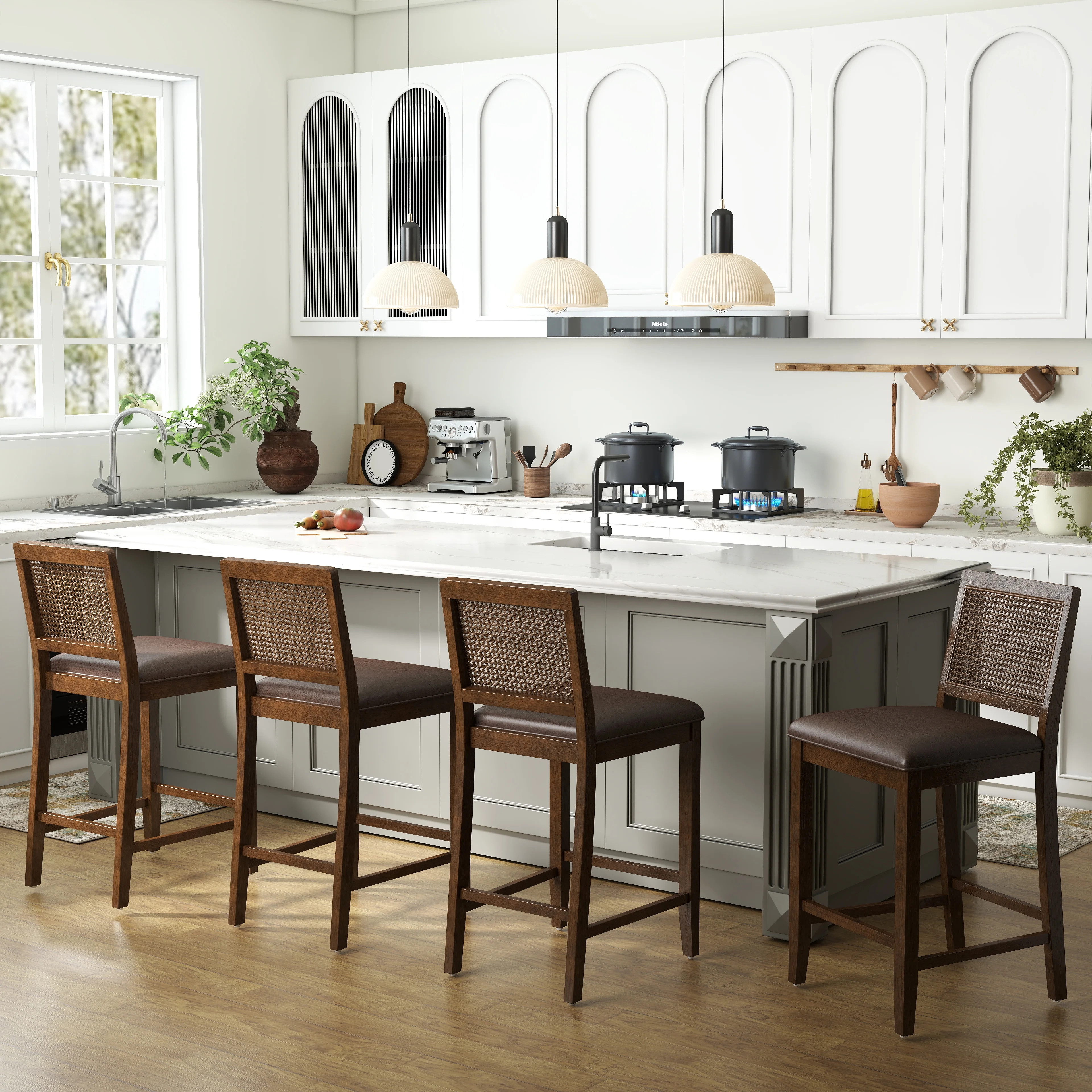 Guyou 26" Rattan Bar Stools Set of 4, Farmhouse Faux Leather Upholstered Counter Height Stools wi... | Walmart (US)