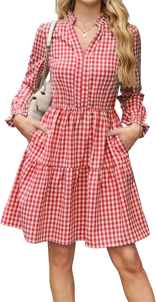 Theenkoln Womens Casual Midi Dress: Short Sleeve V-Neck Empire Waist Gingham Spring Fashion Long ... | Amazon (US)