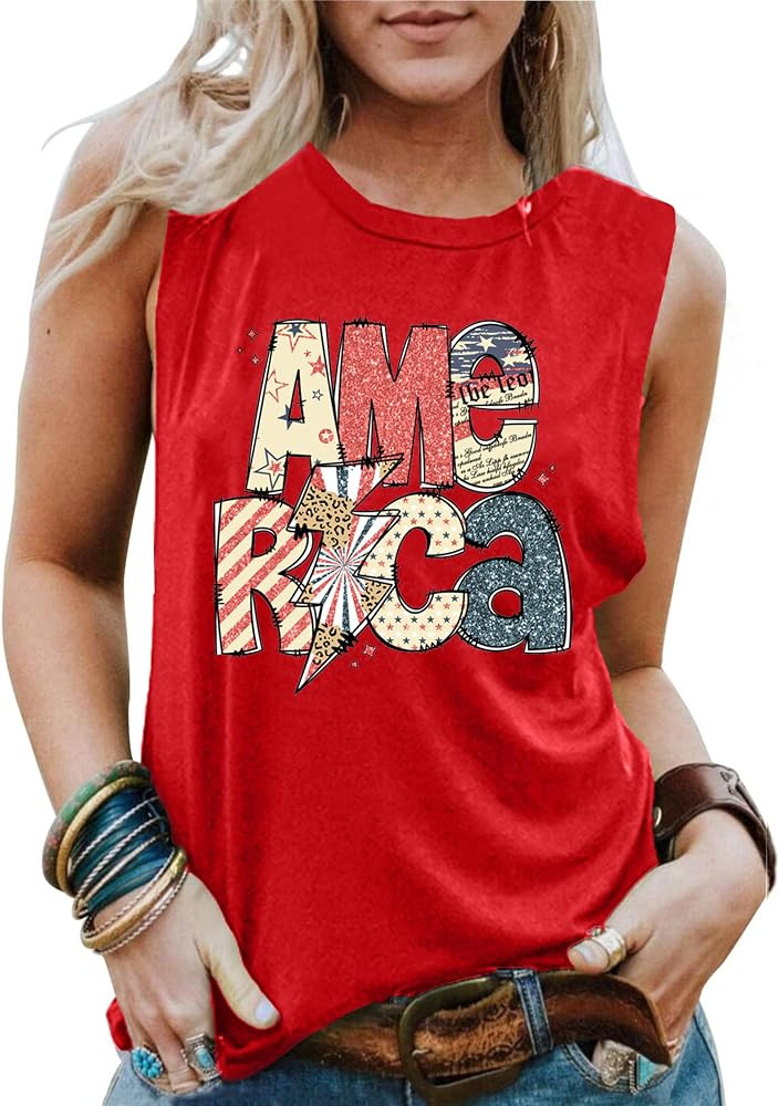 LAZYCHILD American Flag Tank Tops Women Patriotic Shirt USA Flag Stars Stripes Print Sleeveless T... | Amazon (US)
