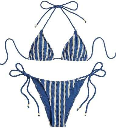 ZAFUL 2 Piece Triangle Bikini for Women Knitted Rope Halter Bikini Sets Sexy Bathing Suit Side Ti... | Amazon (US)
