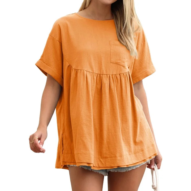 High Waist Women Short Sleeve Solid A-line Loose Blouse Tops | Walmart (US)