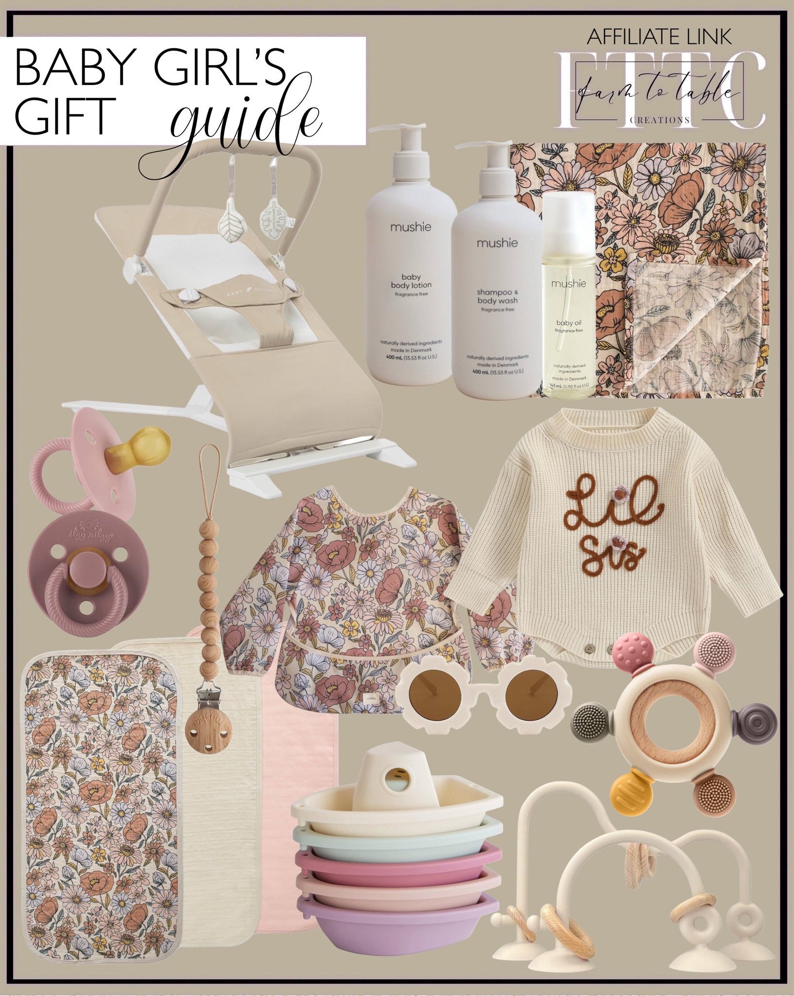 Baby Girl Gift Guide. Follow @farmtotablecreations on Instagram for more inspiration.

Baby Bouncer. Natural Rubber pacifiers. Pacifier clip. Changing Pad liners. Bath Toys. Baby Bibs. Swaddle Blanket. Baby Organic Body Lotion. Baby Shampoo. Baby Oil. Teething Toys. Kids Sunglasses. Little Sis Sweater. 

Amazon Finds. Amazon Gifts. Gifts for Baby Girls. Christmas gifts for girls. Holiday gifts. Stocking Stuffers. Gift Guide for Baby. Baby toys. Baby Girl Toys. Baby Christmas gifts. 

#LTKBaby #LTKHoliday #LTKGiftGuide