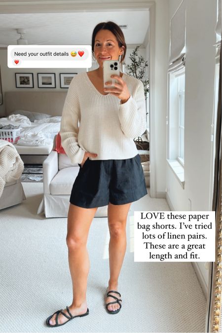 Costal grandmother summer vibes here 👋. Jenni kayne sweater, size XS. Madewell paper bag shorts, size small, but probably should’ve taken an XS. Madewell sandals. 

#LTKhome #LTKSeasonal #LTKFind