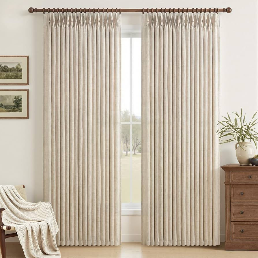 Pinch Pleated Semi Sheer Natural Linen Curtains 96 Inches Long for Living Room, Memory Trained Li... | Amazon (US)