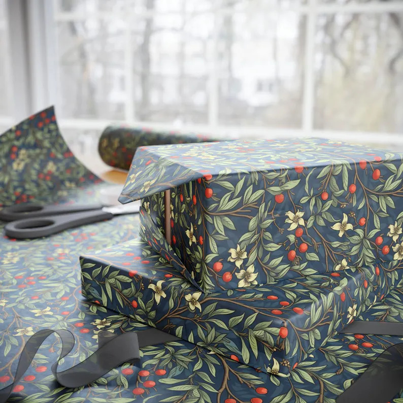 Winterberry Botanical Wrapping Paper Holiday Gift Wrap Satin Wrapping Paper Matte Wrapping Paper ... | Etsy (US)