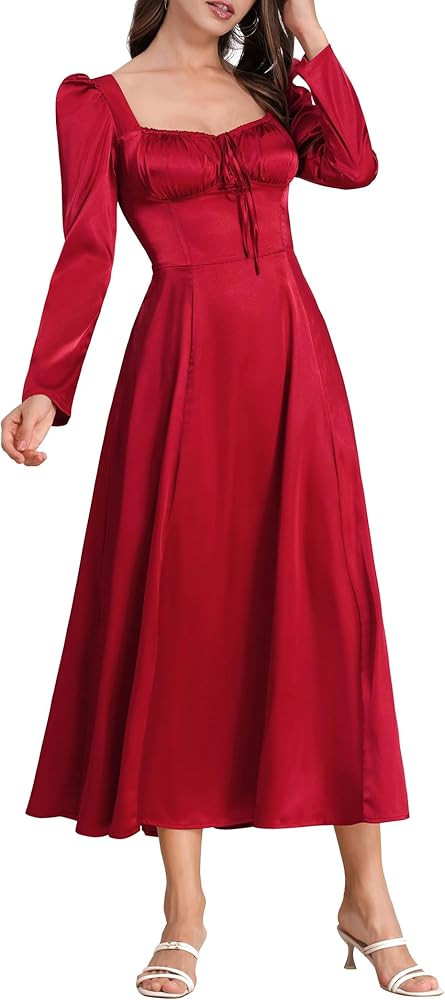 Women's Fall Floral Corset Dress Long Sleeve Maxi Dress Sexy Lace Up Satin Sundress A-line Beach ... | Amazon (US)
