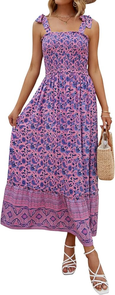 ZESICA Women's Boho Summer Floral Print Tie Straps Sleeveless Square Neck Smocked Flowy Ruffle A ... | Amazon (US)