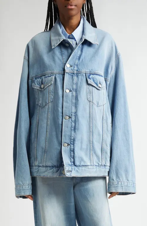 Acne Studios Distressed Relaxed Fit Denim Jacket in Light Blue 228 at Nordstrom, Size X-Small | Nordstrom