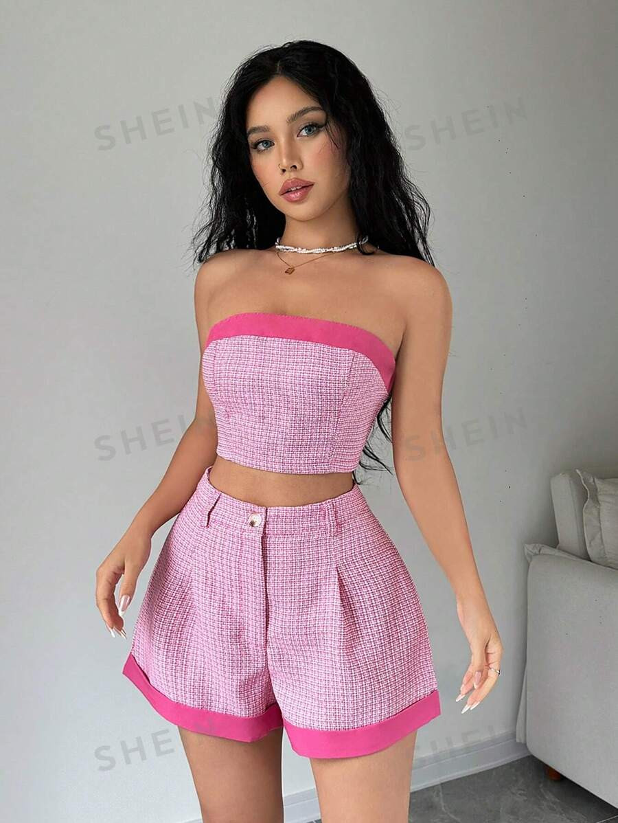 SHEIN Privé Ladies Colorblock Bandeau Top And Pleated Shorts Set | SHEIN