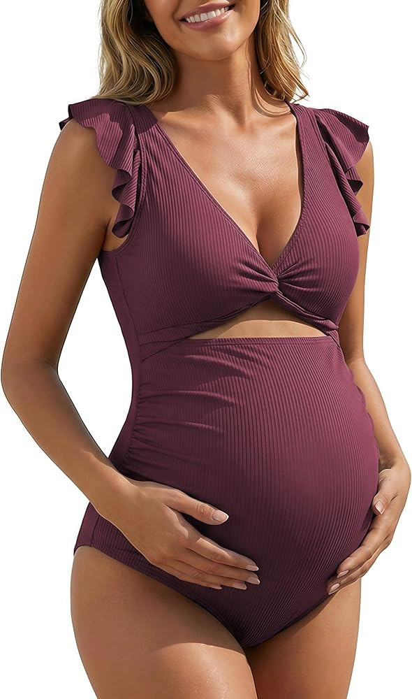 Charmo Ruffle Ribbed Maternity Swimsuit One Piece High Waisted Pregnancy Bathing Suits Push Up Sw... | Amazon (US)