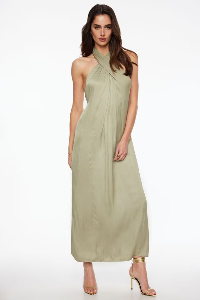 Crinkled Halter Satin Maxi Dress | Dynamite Clothing