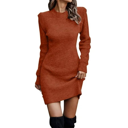 Dresses for Women Plus Size Summer Dress Womens Sweater Dress High Collar Long Sleeve Solid Color High Collar Knitted Long Dress | Walmart (US)