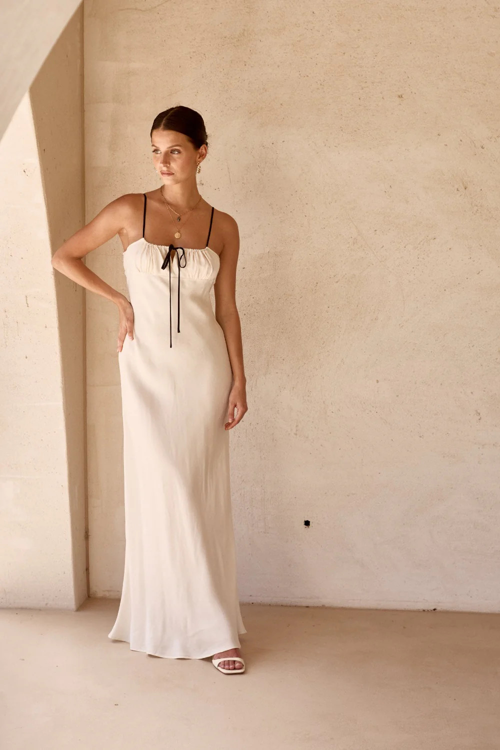 Matilda Bias Cut Maxi Dress Cream | VRG Grl