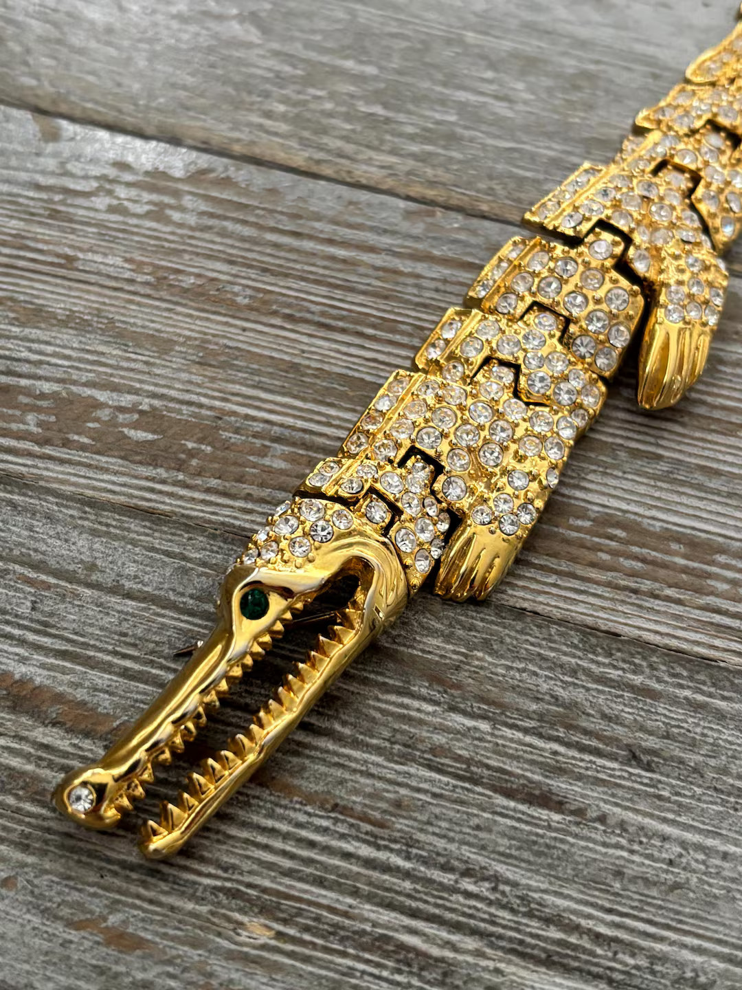 Gorgeous 1980's-90's Articulated Gold With Rhinestones Alligator Shoulder Brooch | Etsy (US)