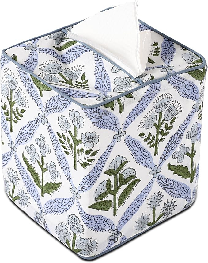 Ridhi Light Steel Blue Block Print Tissue Box Cover Handmade Cotton Fabric Decorative Square Napk... | Amazon (US)