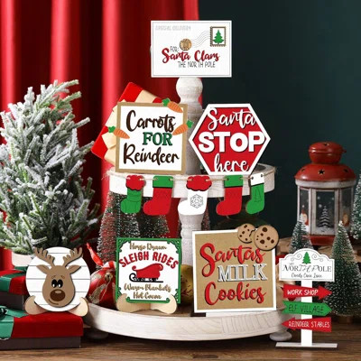 Christmas Tiered Tray Decor Reindeer Table Wooden Sign Decorations Xmas Santa Sock Tabletop Farmhouse Signs Decor For Christmas Party Home Kitchen Hol | Wayfair North America