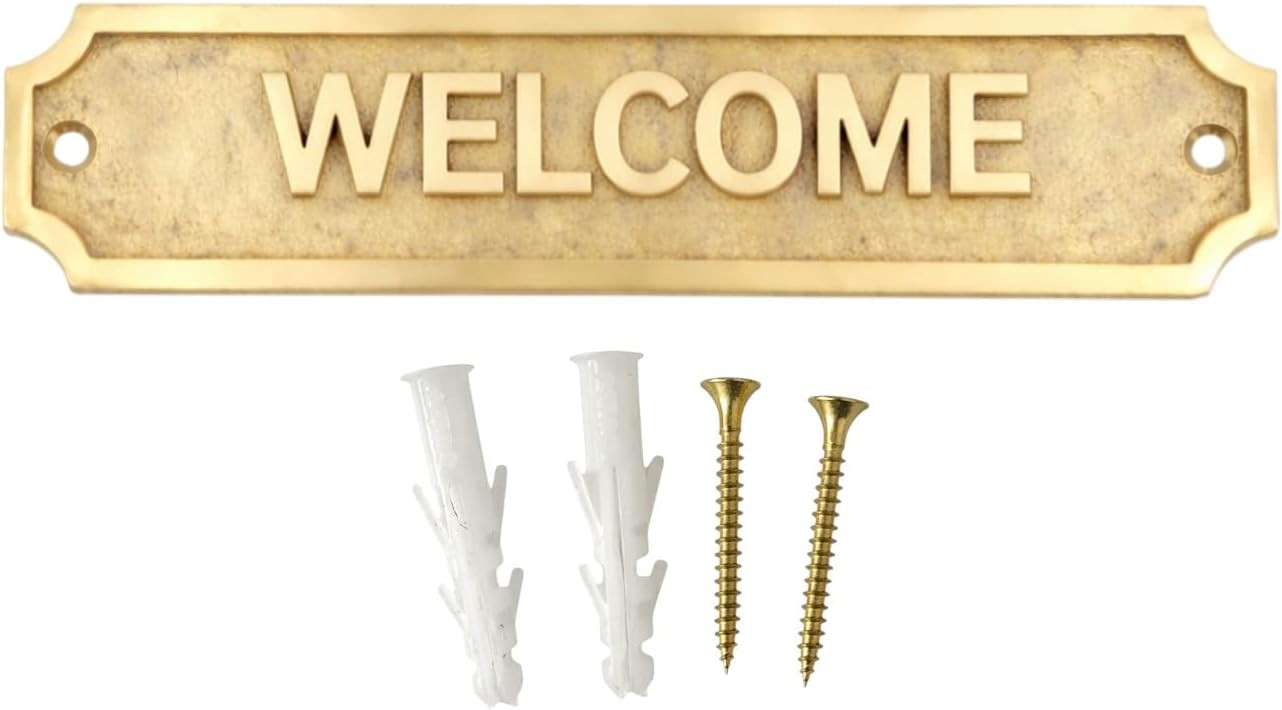 Brass WELCOME Door Plaque Sign 22x5 cm Wall Mount Name Plate with Screws for Home Entrance Office Door Decor Entryway Signage Indoor Outdoor Use | Amazon (US)