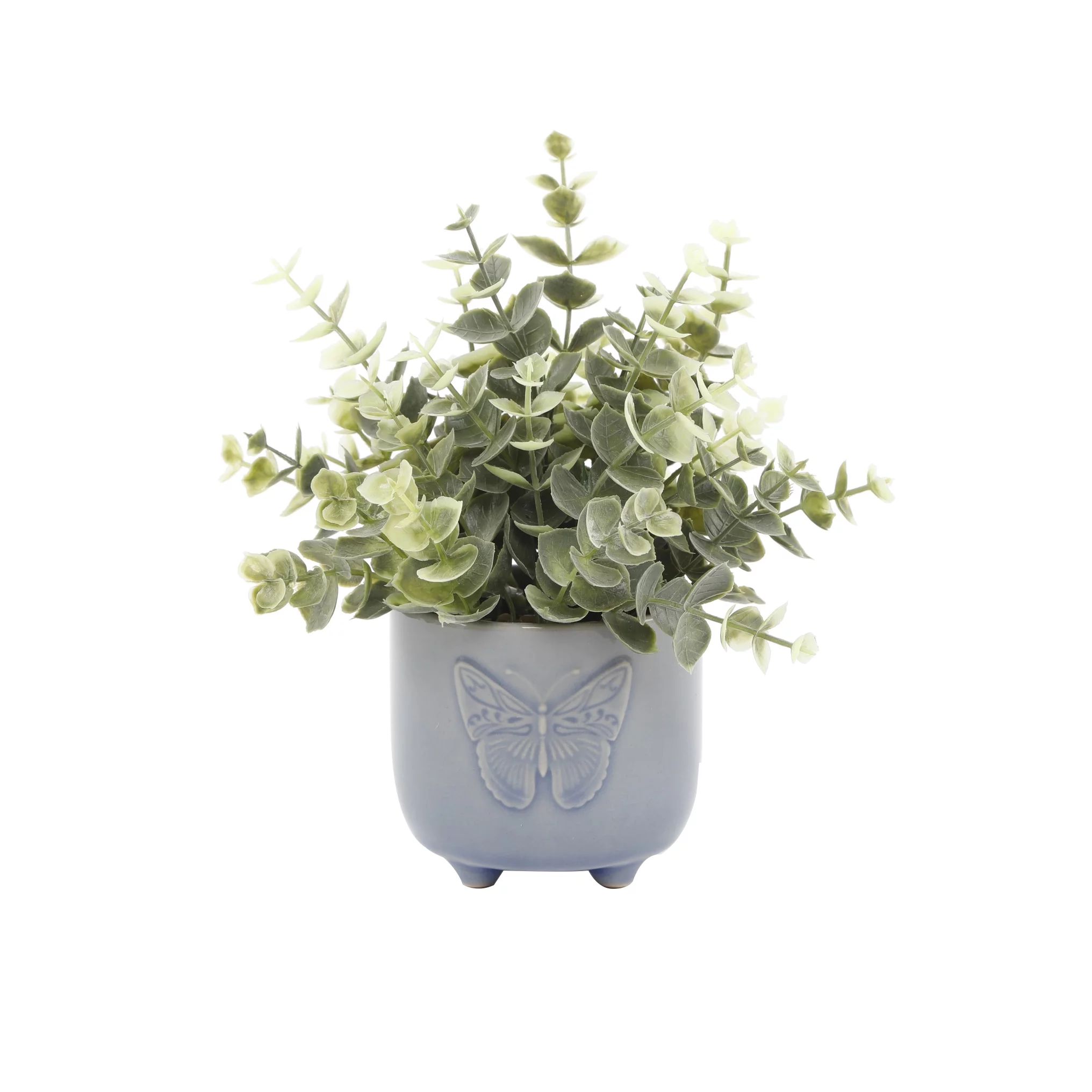 Mainstays 3" Tabletop Artificial Baby Eucalyptus Plant in Ceramic Butterfly Pot, Blue | Walmart (US)