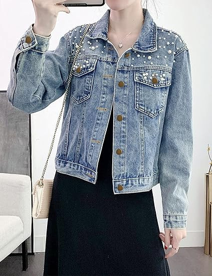 Tanming Women's Casual Embroidered Pearls Beading Denim Jacket Jean Coat | Amazon (US)