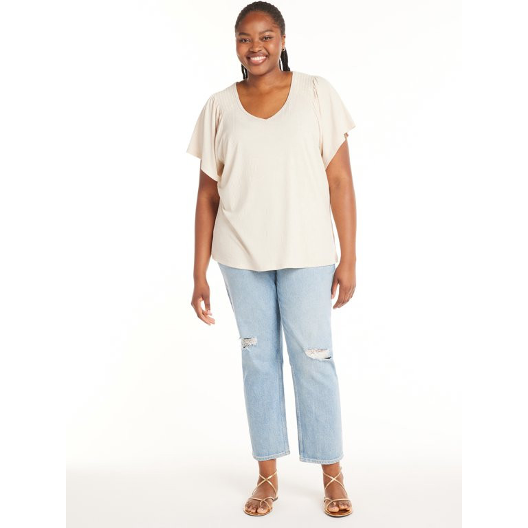 Terra & Sky Women's Plus Size Ribbed Flutter Sleeve Top, Sizes 0X-5X | Walmart (US)