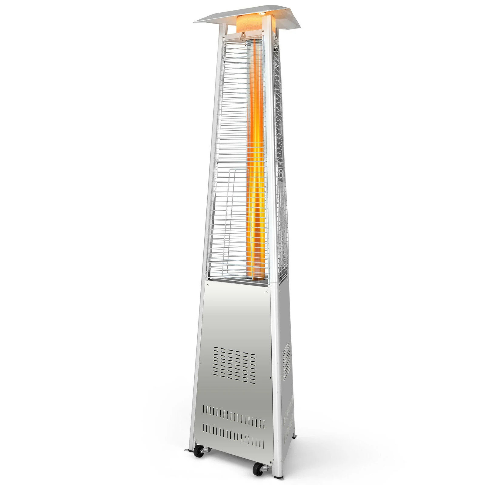 Slickblue 42000-BTU- Silver- Stainless Steel Pyramid Propane Patio Heater with Wheels for Patios Gardens and Backyard Spaces one_size | Lowe's