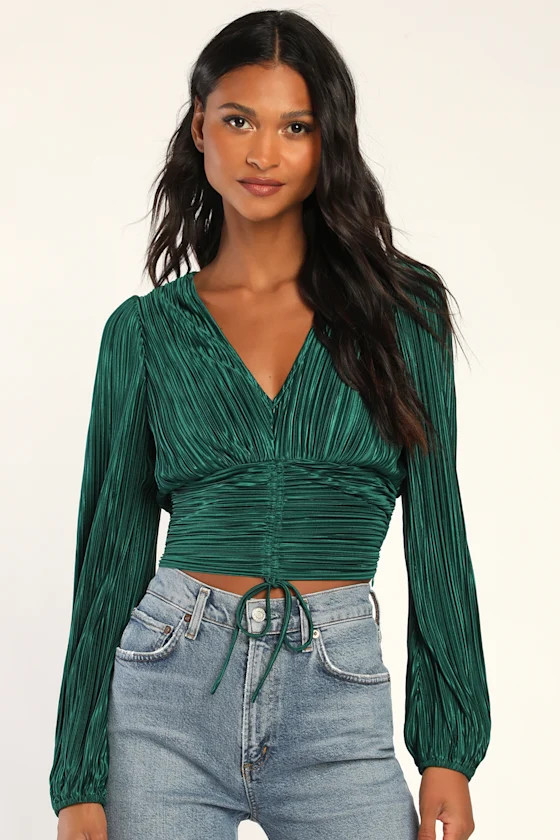 Gorgeous Glamour Emerald Green Plisse Satin Long Sleeve Top | Lulus (US)