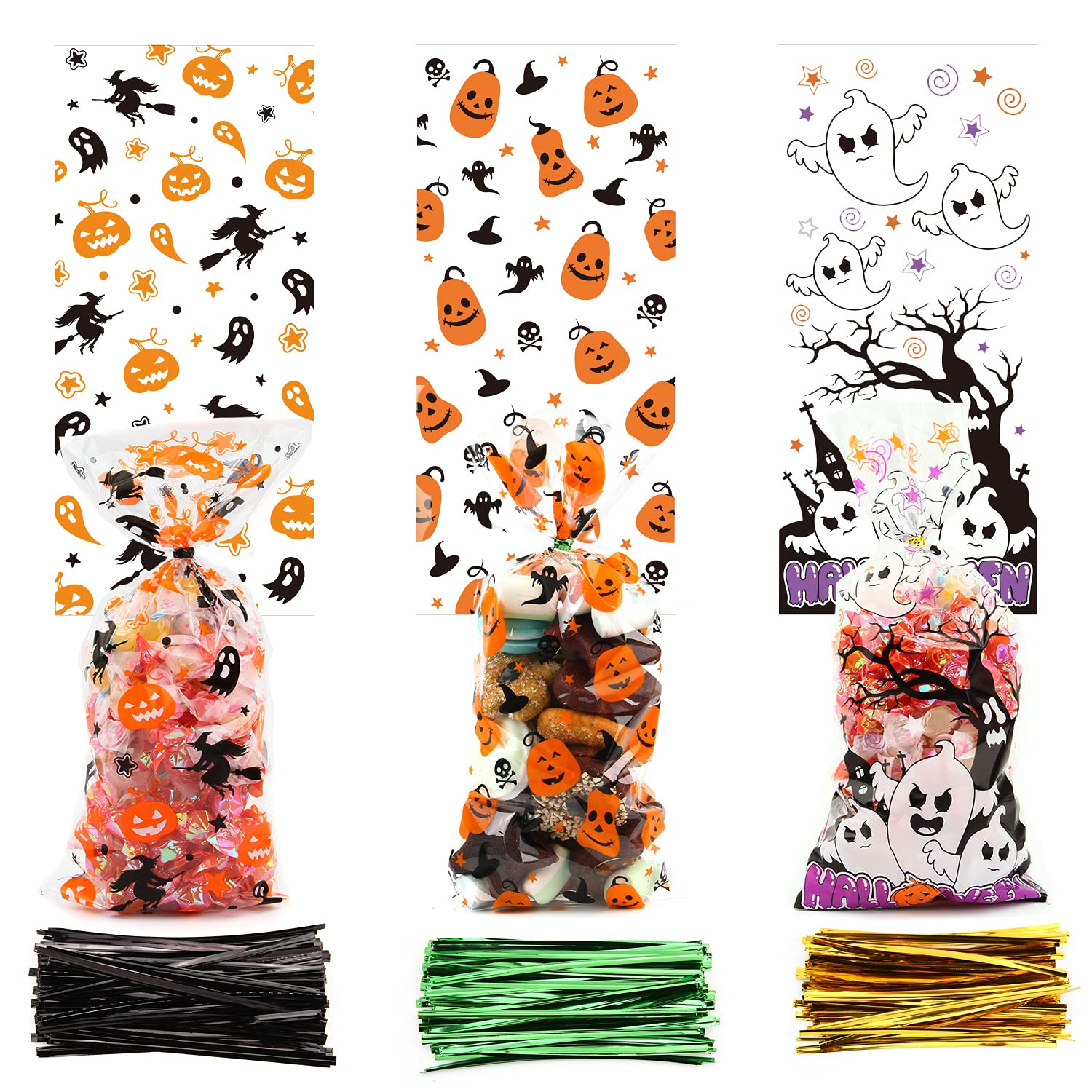 LOMIMOS 150PCS Halloween Cellophane Candy Bags, Clear Plastic Treat bags with 300PCS Twist Ties f... | Amazon (US)