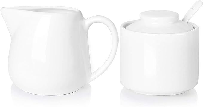 ONTUBE Porcelain Sugar and Creamer Set of 3,Cream Pitcher, Spoon, Sugar Bowl with Lid,Cream (Whit... | Amazon (US)