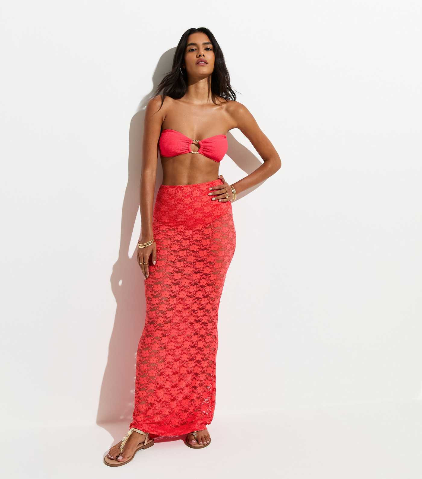 Dark Coral Lace Column Beach Maxi Skirt | New Look | New Look (UK)