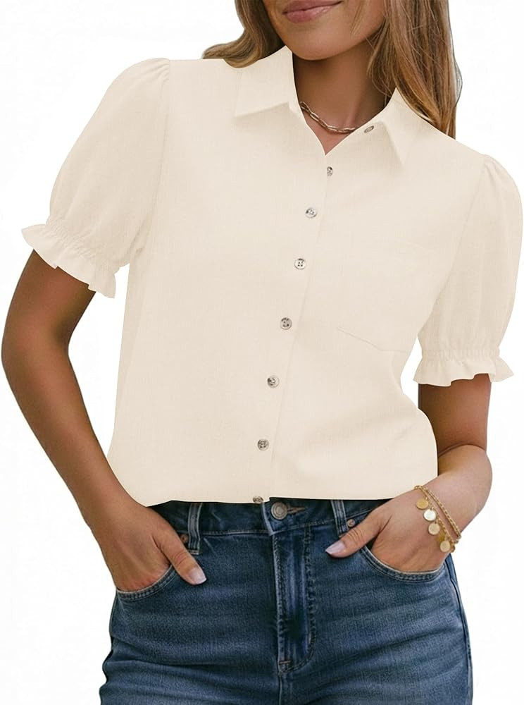 LOMON Women's Button Down Shirts V Neck Short Puff Sleeve Cotton Linen Cute Top Collared Summer W... | Amazon (US)