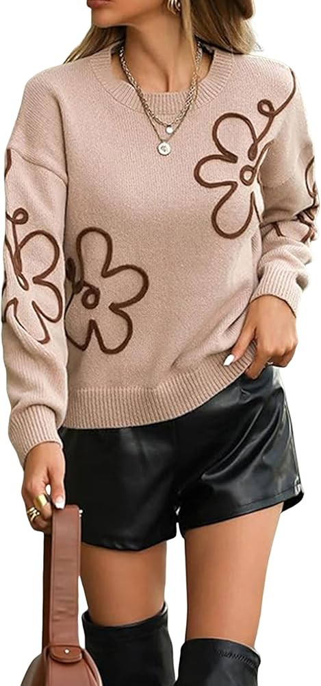 Dqbeng Women's Crewneck Pullover Sweaters Fall Long Sleeve Floral Pattern Drop Shoulder Knit Tops | Amazon (US)