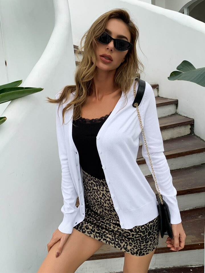 AAmilife Button Front Solid Cardigan | SHEIN