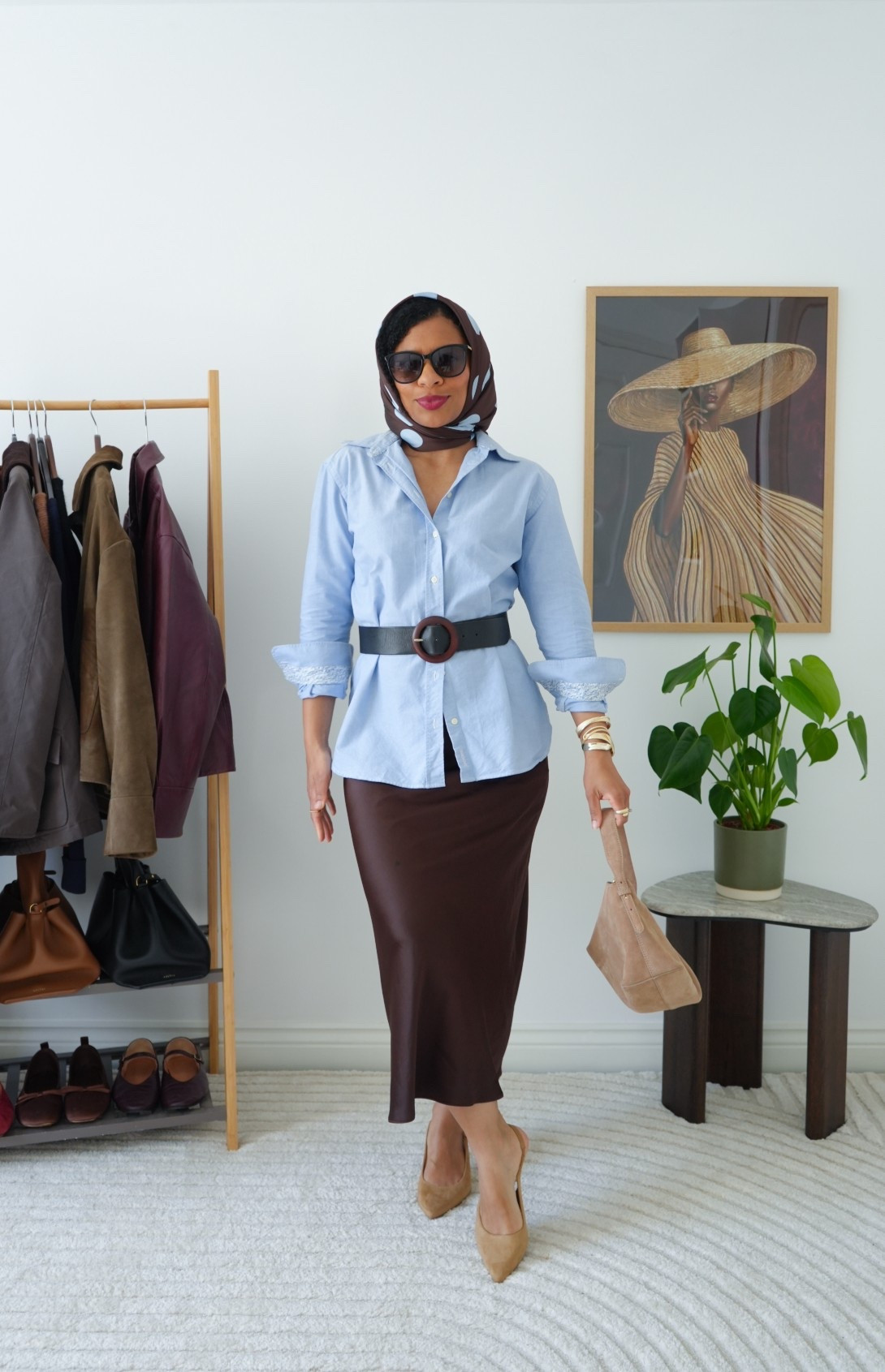 Brown and blue petite outfit
Brown satin skirt
Blue oxford shirt
Nude kitten heels 
Wide belt
Head scarf 
Spring outfits 2026
Petite spring outfits 2026 

#LTKspring #LTKpetite #LTKuk