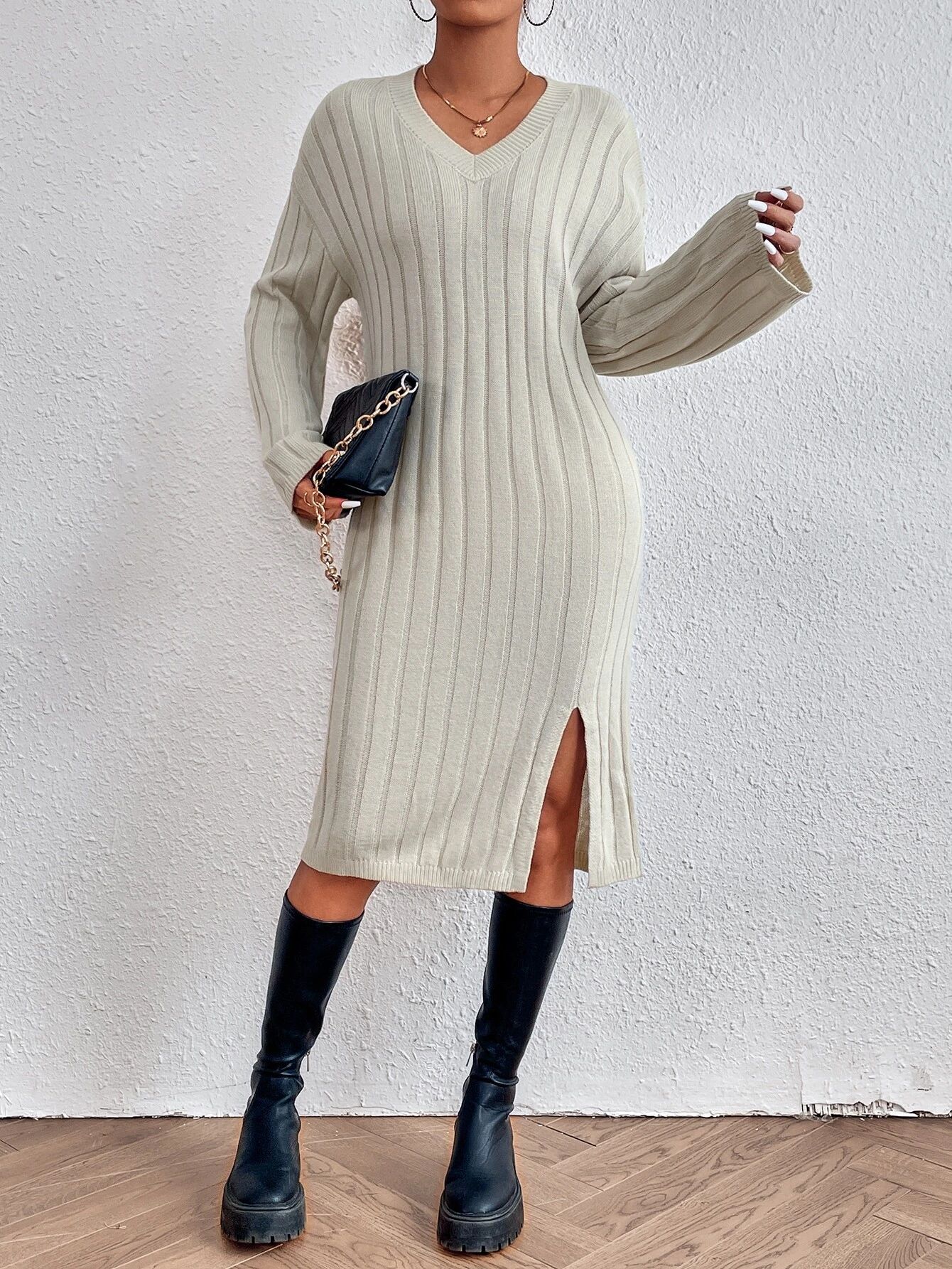 SHEIN Frenchy Drop Shoulder Split Hem Sweater Dress Without Belt
   
      SKU: sw220705101577701... | SHEIN