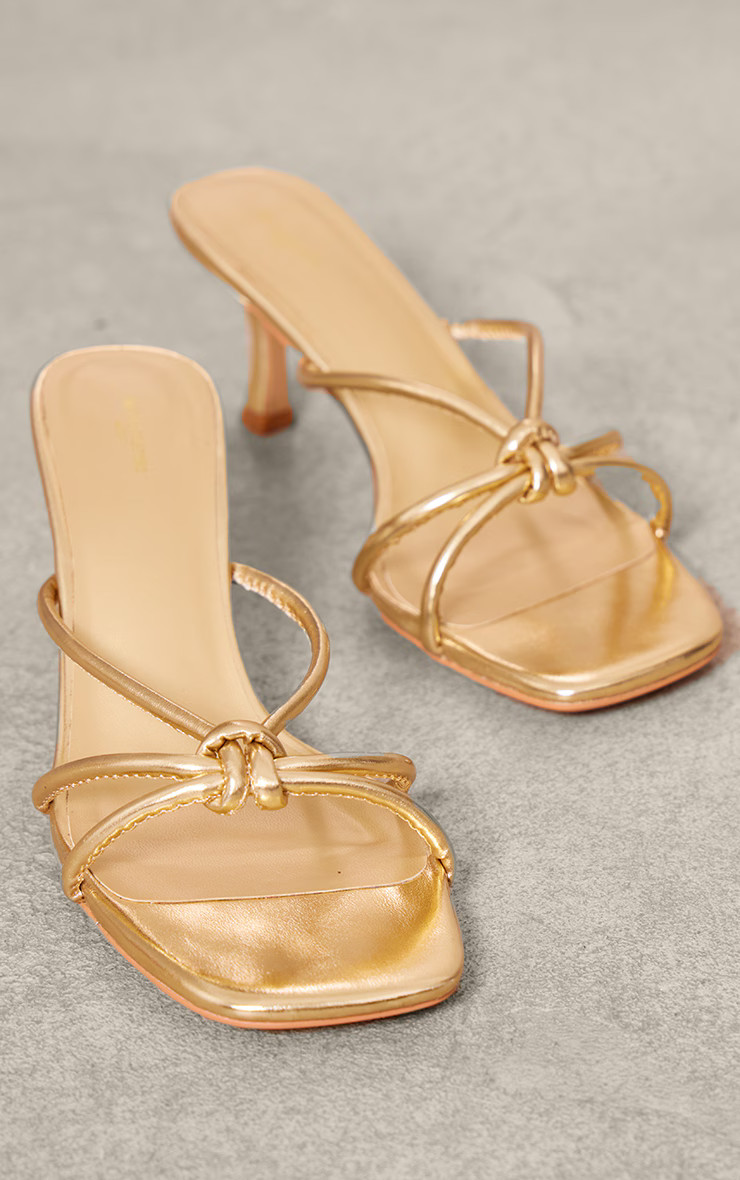 Gold Wide Fit Pu Square Toe Knotted Heeled Mules | PrettyLittleThing US