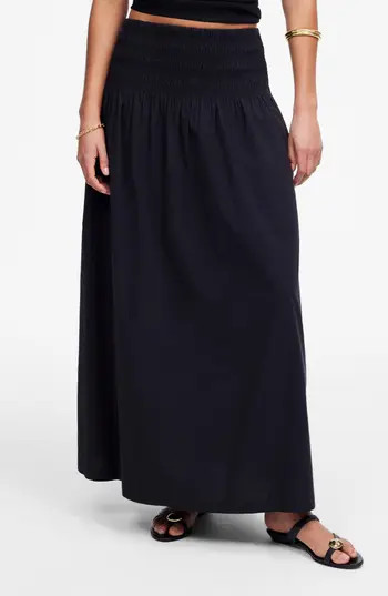 Madewell Smocked Waist Cotton Poplin Midi Skirt in Jet Black at Nordstrom Rack, Size Medium | Nordstrom Rack