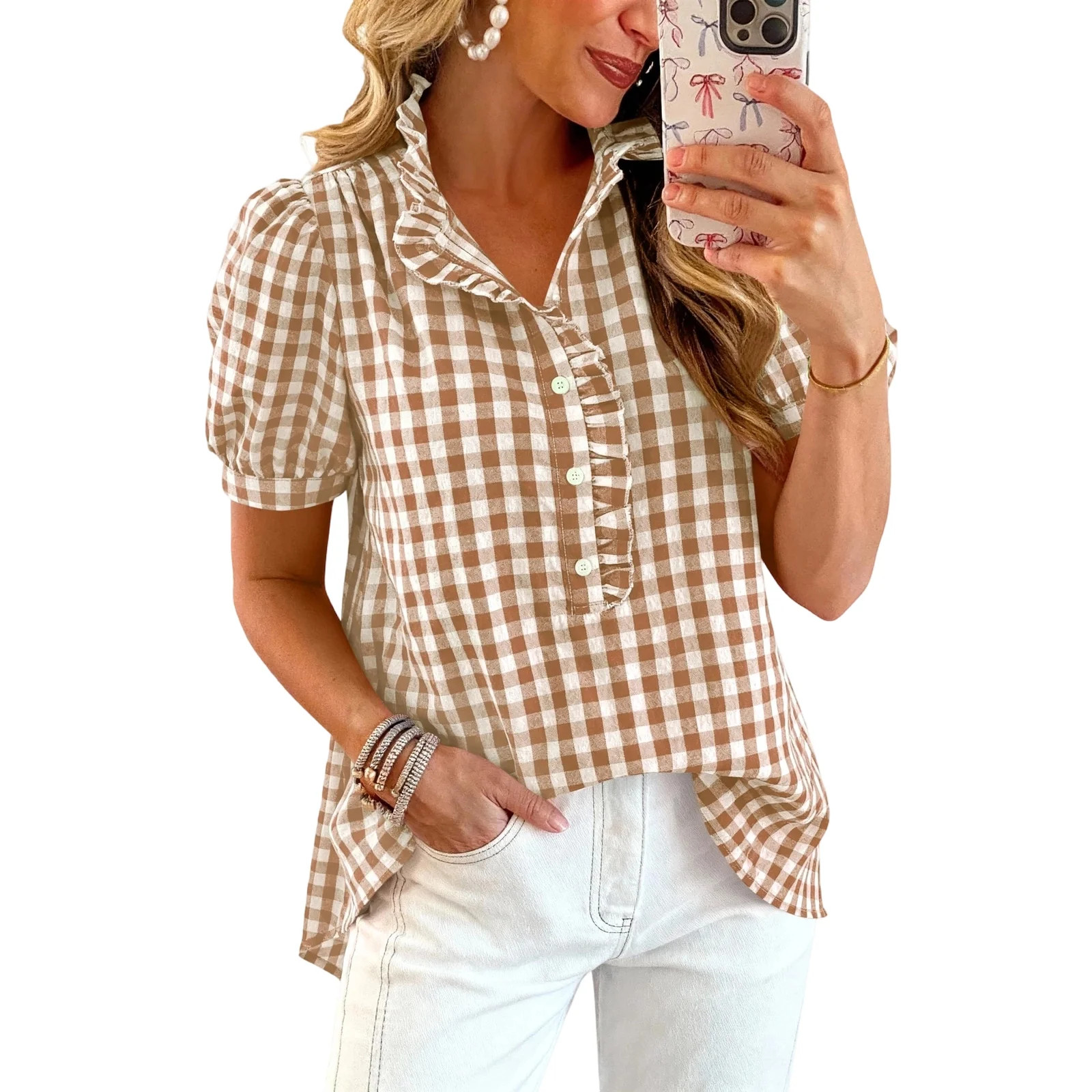 Women's Gingham Blouse Ruffled V Neck Puff Short Sleeve Button Down Casual Summer Tops Khaki L - Walmart.com | Walmart (US)