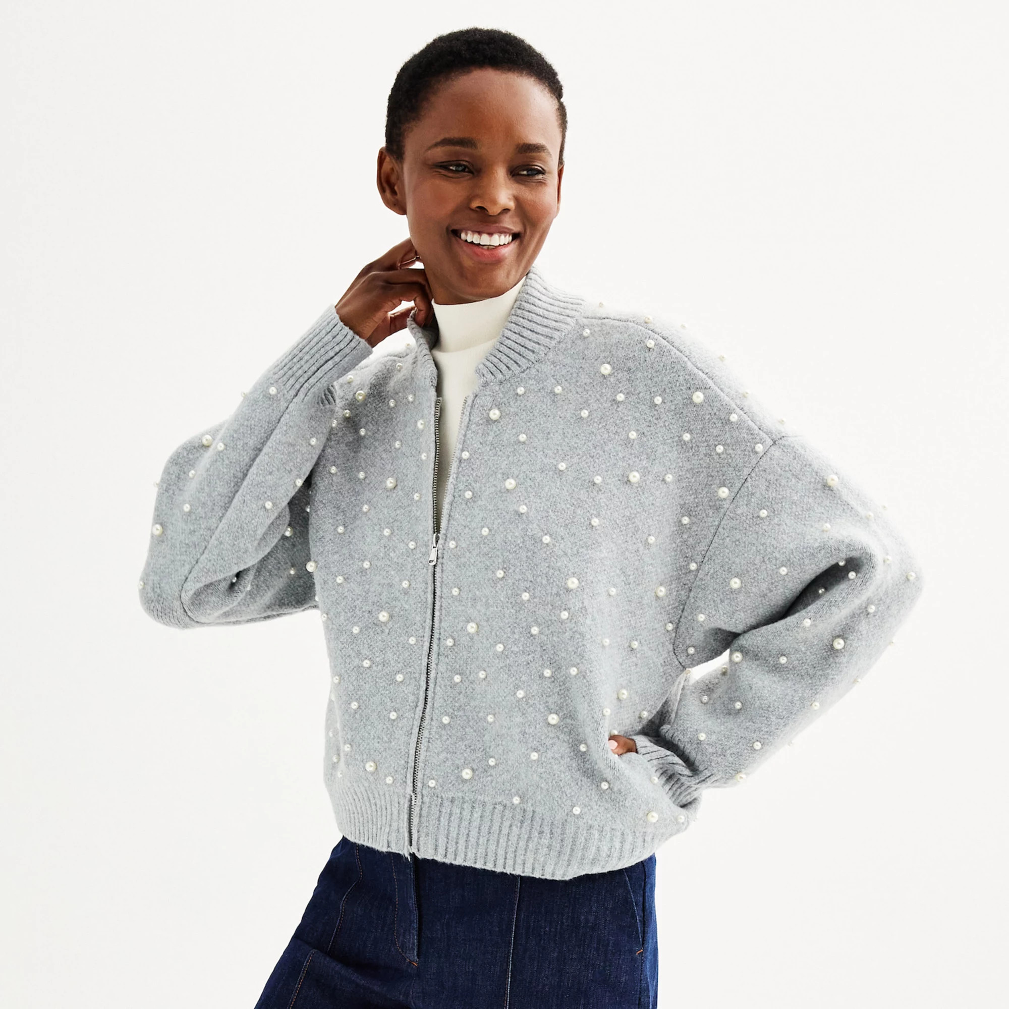 Women's Nine West Zip-Front Pearl Knit Bomber Sweater | Kohl's