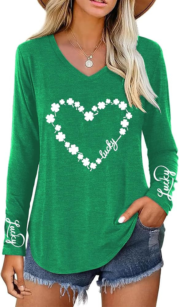St Patricks Day Shirt Women：V Neck Green Shamrock Long Sleeve Shirt Lucky Leaf Clover Shirt | Amazon (US)