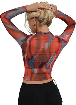 Remidoo Women's Long Sleeve Crewneck Checkered Sexy Sheer Mesh Crop Top T Shirt | Amazon (US)