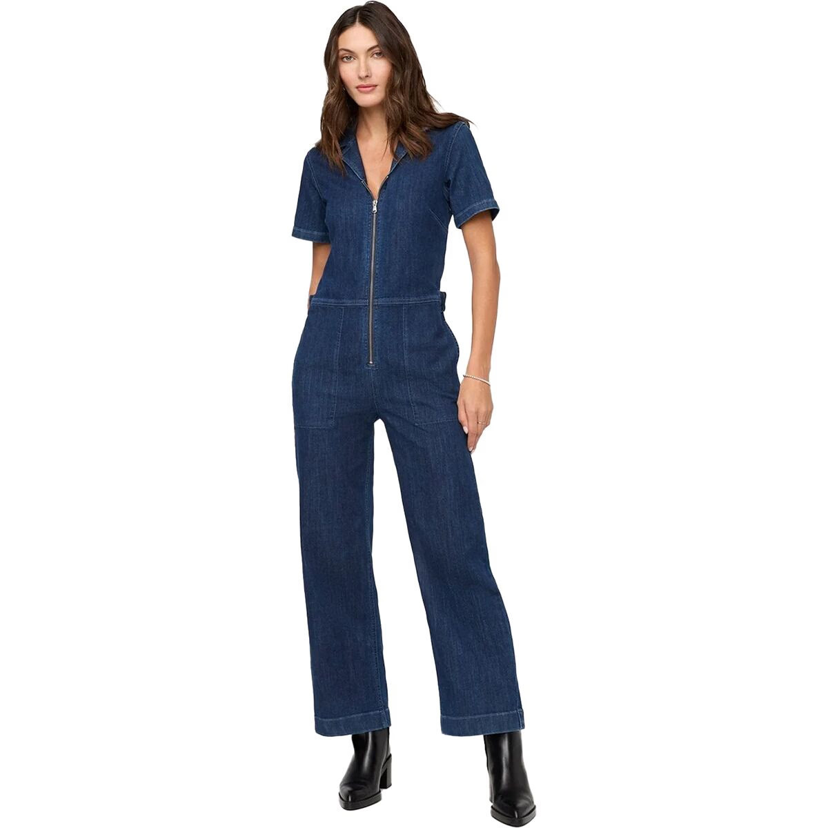 DU/ER Performance Denim Short Sleeve Jumpsuit - Women's Dark Stone, M | Backcountry
